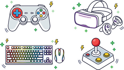 Video Game Hardware and Gaming Peripheral Icon Set Featuring Gamepad Controllers, VR Headsets, Mechanical RGB Keyboards, Computer Mice, and Retro Arcade Joysticks Vector Graphic Design © MstRAJIA
