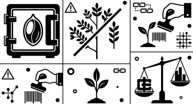 Seed Vault and Agricultural Intellectual Property Vector Icon Set Featuring Patented Crops Barcode Stamping Food Monopoly Regulations and Botanical Legal Scale Symbols