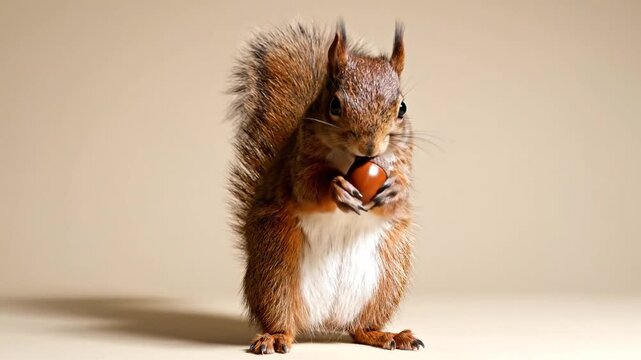 Cute squirrel standing upright holding a nut against a plain background