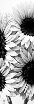 Four black and white sunflowers in a symmetrical pattern, highlighting their texture and structure, botanical, white