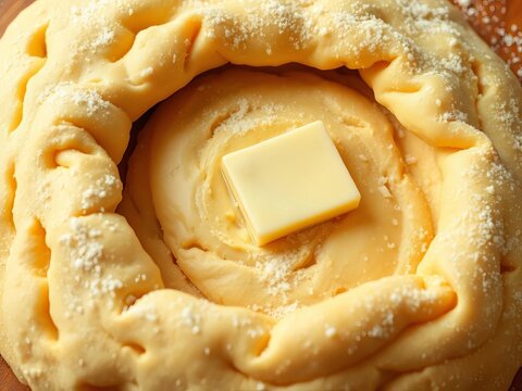 Fresh homemade dough spread with butter and sprinkled with sugar, whisk, pin