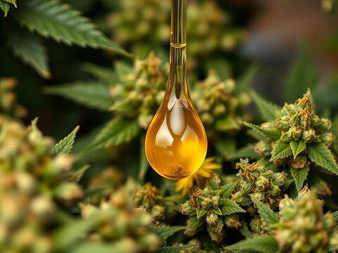 Golden droplet of cannabis oil suspended among green marijuana buds, natural, marijuana buds