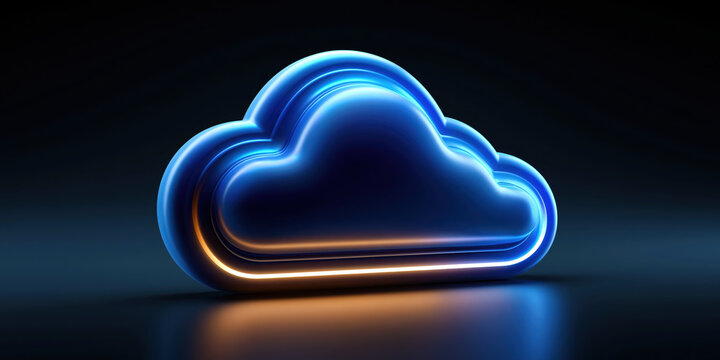 Neon cloud icon blue glow digital symbol dark background 3d render minimal style glossy surface futuristic design isolated object technology concept