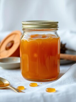 Golden honey-colored jam in a vintage glass jar, ||preserves, color