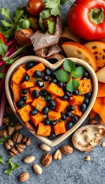 Golden roasted sweet potato and black beans in a heart-shaped bowl, surrounded by fresh vegetables and toasted nuts, superfoods, healthy food