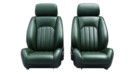 Fototapeta premium Car seats upholstered in dark green leather stand side by side against a clean white background to showcase automotive interior design features and craftsmanship for a potential luxury vehicle.