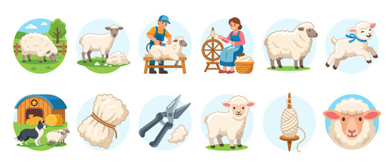 Sheep Farming and Wool Production Process Icons © happy