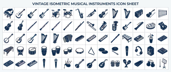 Vintage Isometric Musical Instrument Icons Collection © happy