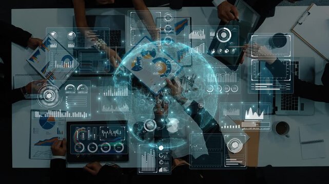 A modern business meeting scene showcasing a digital overlay of global data analytics and financial charts, illustrating teamwork and innovative planning in the corporate environment. Raster