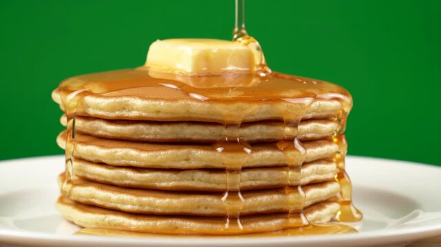 Golden maple syrup pouring slowly over a stack of fluffy pancakes with melting butter on a green screen background