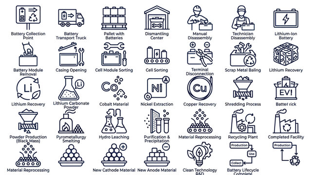 Battery recycling and industrial metal processing line icons.