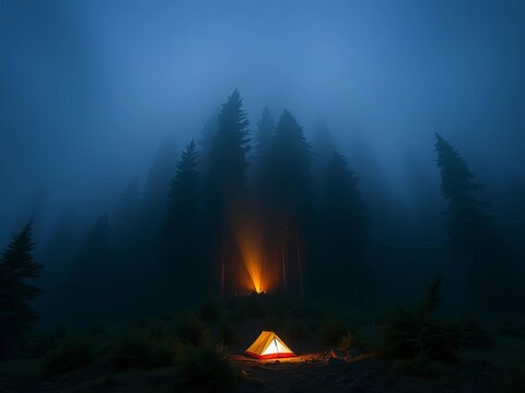 Misty darkness wraps around towering evergreen trees, spotlighting a lone tent aglow with warm light, || evergreen, spotlighted