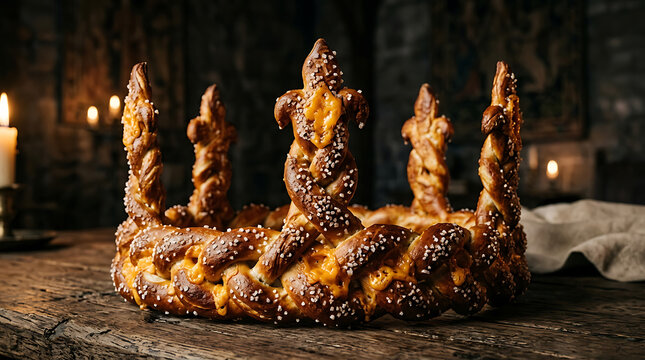 Braided salted pretzel crown topped with melted cheese sitting on rustic wooden tabletop surface with displays circular braided coarse salt resting wooden table dim traditional candlelight bakery