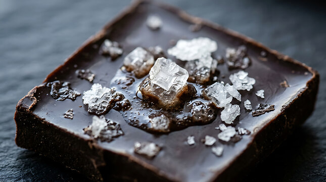 Gourmet dark chocolate square topped with coarse sea salt crystals macro close up view with crystals melting textured textured slate background showcases single square square rich confectionery