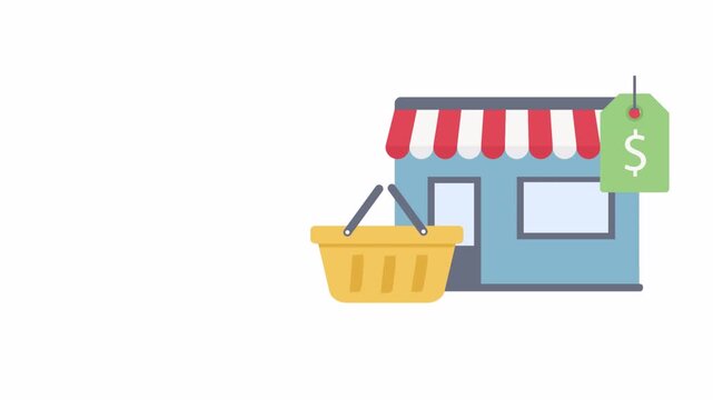 Flat Vector Illustration of Small Business Storefront with Shopping Basket and Price Tag.