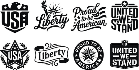 American patriotic vector labels featuring typography badges with USA stars liberty and eagle symbols isolated on white © RAFIQUL