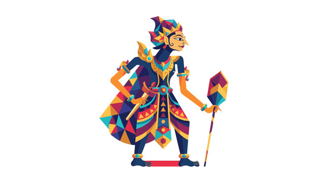 Colorful flat vector illustration of a traditional Indonesian Javanese Wayang Kulit shadow puppet character.