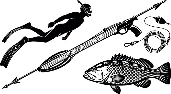 Spearfishing Equipment Vector Set Featuring Speargun Diver Silhouette Ocean Fish and Float Line Gear for Underwater Angling Graphic Designs