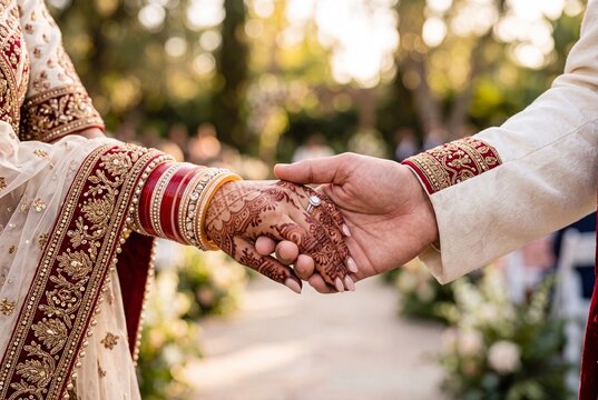 Closeup of a bride and groom holding hands during a traditional indian wedding ceremony
