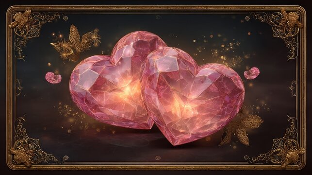 Valentine scratch card casino bonus crystal hearts luxury gold and pink frame on dark sparkles background, glossy layer covering reward area, premium romantic game UI concept with cinematic glow