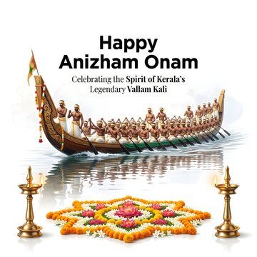 Happy anizham onam celebration featuring traditional vallam kali boat race kerala