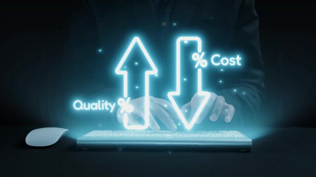 A businessperson demonstrates the interplay between quality and cost using technology, highlighting key metrics for success in a modern digital workspace environment. Qubit