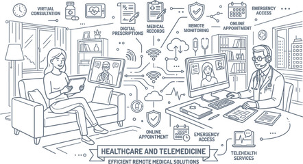 Obraz premium Telemedicine and healthcare concept vector, remote medical consultation with doctor and patient, telehealth services and digital prescriptions illustration