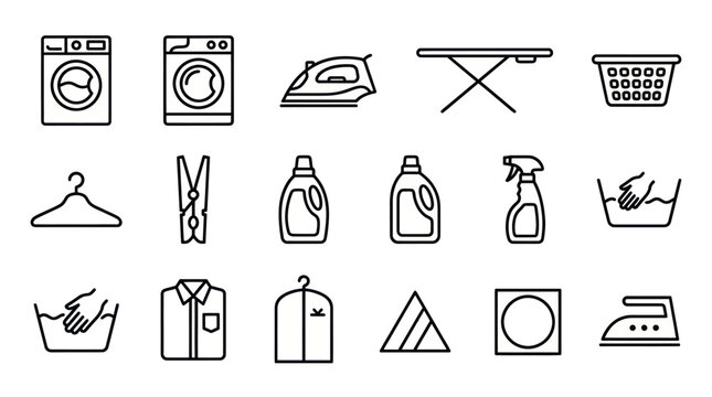 Black laundry and garment care icon set.