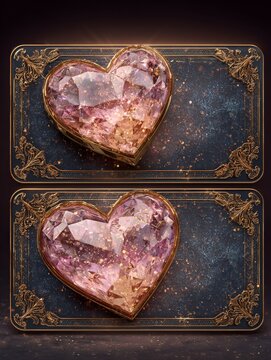 Valentine scratch card casino bonus crystal hearts luxury gold and pink frame on dark sparkles background, glossy layer covering reward area, premium romantic game UI concept with cinematic glow