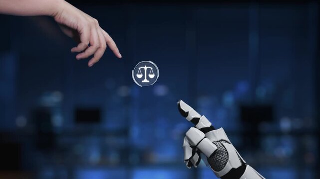 A human hand and a robotic hand interact with a digital representation of a scale, symbolizing the intersection of law and technology in modern society. Synapse