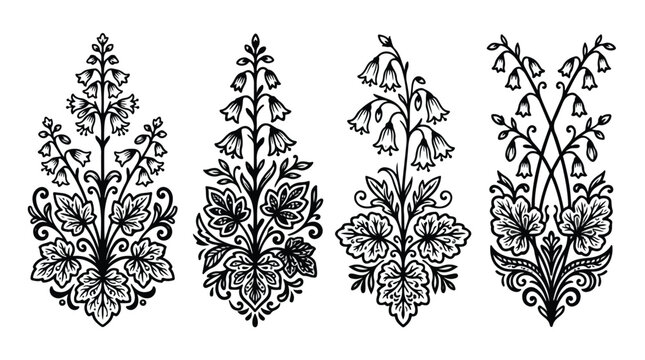 Vintage floral motifs set, black and white botanical illustrations, decorative flower ornaments for wedding invitations and textile design