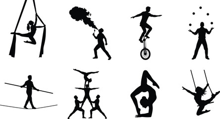 Circus performers silhouettes collection featuring aerial silks artist fire breather unicycle rider juggler tightrope walker acrobats and contortionist isolated on white © MDSHAFIQUL