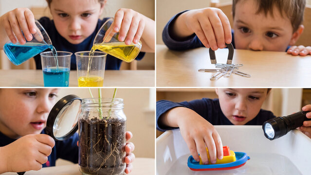 Child engages in multiple scientific activities at a table including mixing colored liquids, using a magnet, observing plants with a magnifying glass, and testing toy boat buoyancy.