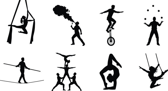 Circus performers silhouettes collection featuring aerial silks artist fire breather unicycle rider juggler tightrope walker acrobats and contortionist isolated on white