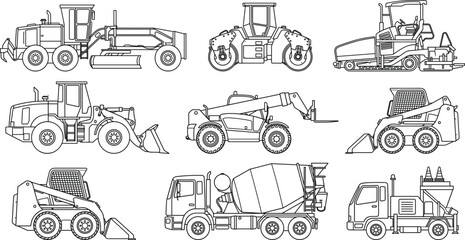 Obraz premium Construction Vehicle Line Icons Set with Heavy Equipment and Industrial Machinery CollectionConstruction Vehicle Line Icons Set with Heavy Equipment and Industrial Machinery Collection