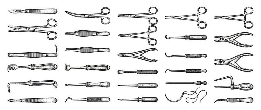 Vintage Medical Surgical Instruments Collection Drawing