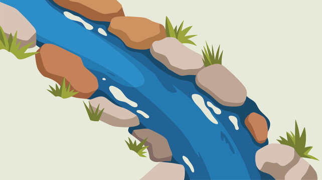 Winding river with various rocks and green grass along its flowing banks
