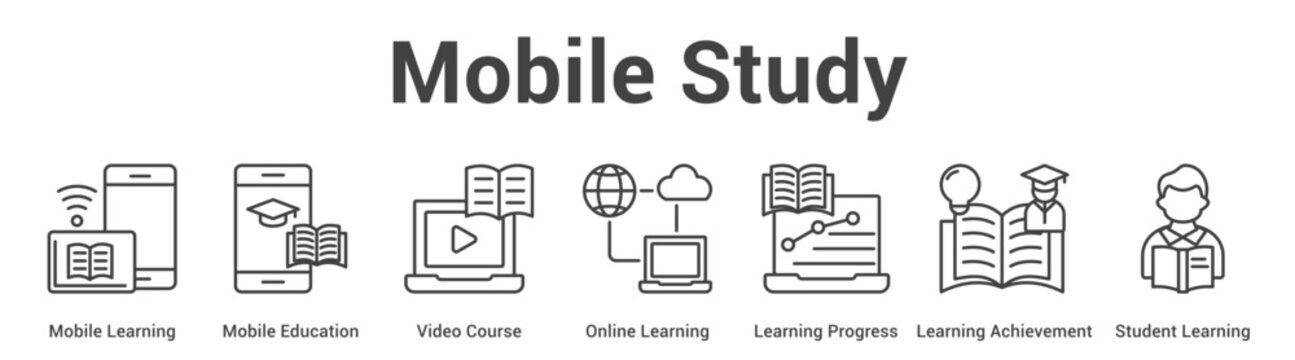 Mobile Study web banner icon set vector illustration concept for business with icon of Mobile Learning, Mobile Education, Video Course, Online Learning, Learning Progress, Learning Achieveme.