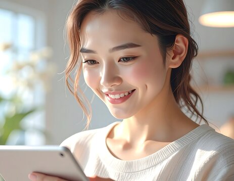 A young woman with dimples and a wide smile gazes at a digital tablet. Sunlight streams through the window behind her, illuminating her face