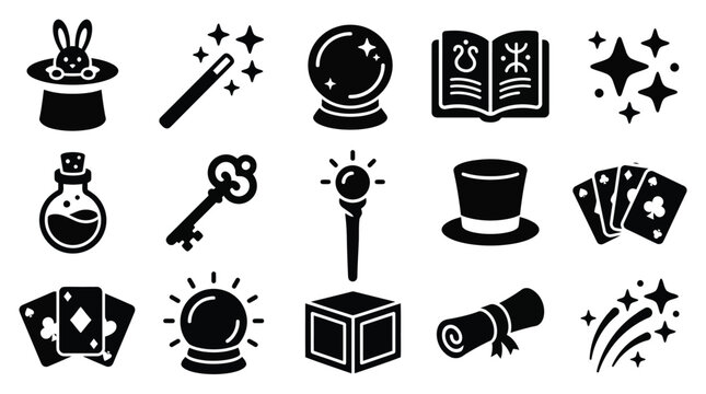 Collection of black magic and illusion icons including a rabbit in a hat, wand, crystal ball, spellbook, and playing cards.