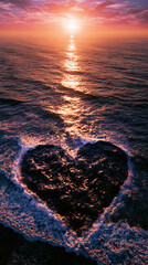 Obraz premium Heart shaped ocean sunset seascape aerial view water wave foam horizon pink sky romantic sea