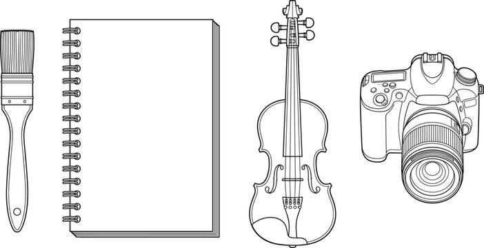 Creative tools line drawing illustration featuring paintbrush, notebook, violin, and digital camera