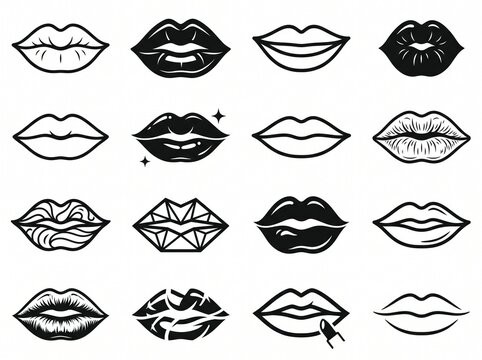 Assorted black and white lip art icons and mouth shapes