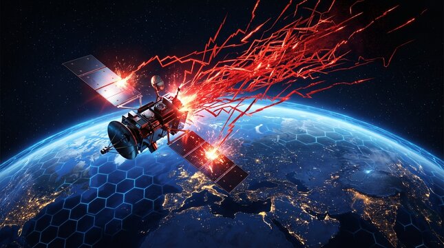 Satellite in Earth Orbit Hit by Red Energy Pulse and Solar Flare, Cyber Security and Space Communication Concept