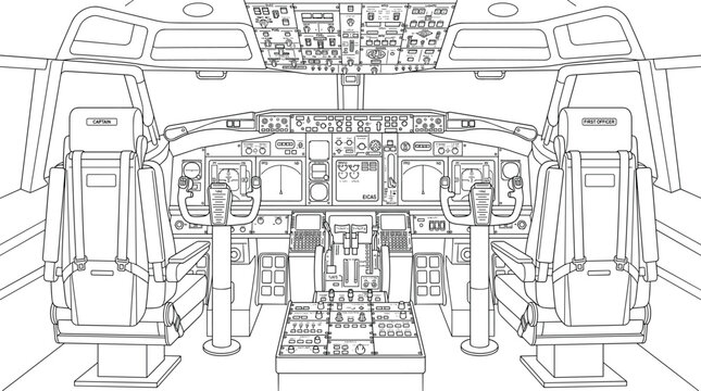 Detailed aircraft cockpit line drawing illustration showing pilot seats and flight control systems
