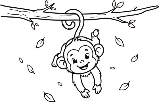 Happy cartoon monkey hanging from tree branch