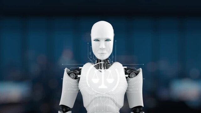 A futuristic robot presents scales of justice, representing the interplay of technology and law in a modern digital environment, highlighting innovation and ethical considerations. Synapse