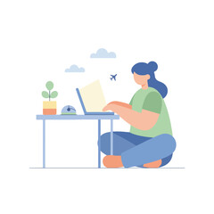 Fototapeta premium A young woman works on her laptop at a desk while sitting on the floor, featuring a clean and modern flat vector illustration style.