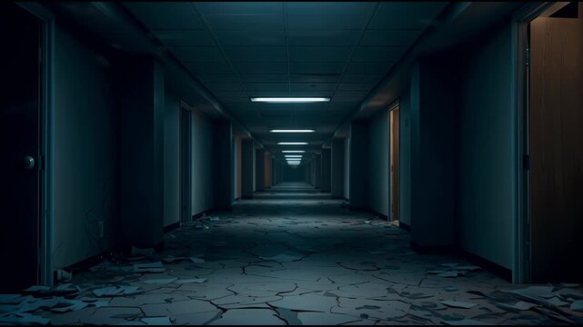 Dark abandoned hospital corridor with flickering lights and debris. 4K Video