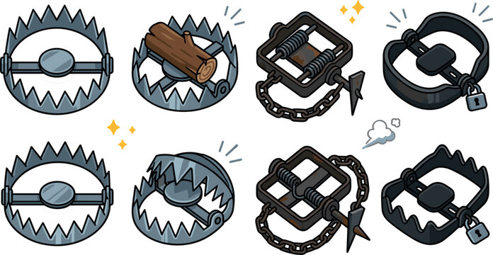 Bear Trap and Animal Snare Icon Set Featuring Steel Jaw Traps Triggered Mechanisms Chains Padlocks and Hunting Equipment Symbols for Survival Game Vector Design